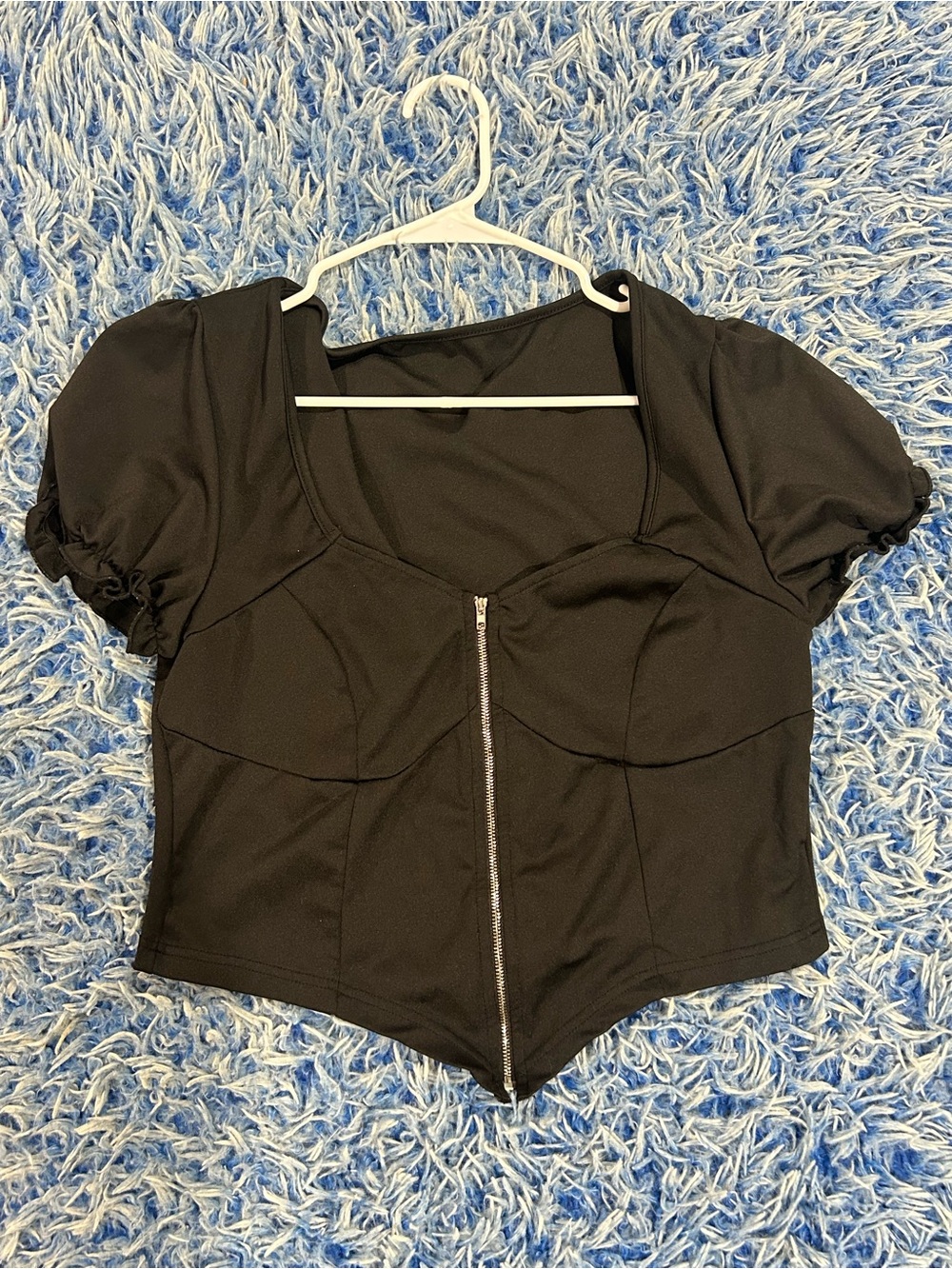 Black Short-Sleeve Zip-Front Women’s Top